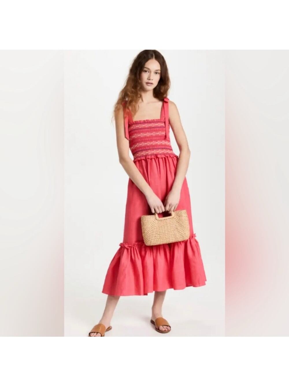 NWT Cara Cara Smocked 100% Linen‎ Tie-Strap Jenny Dress Size Medium Coral